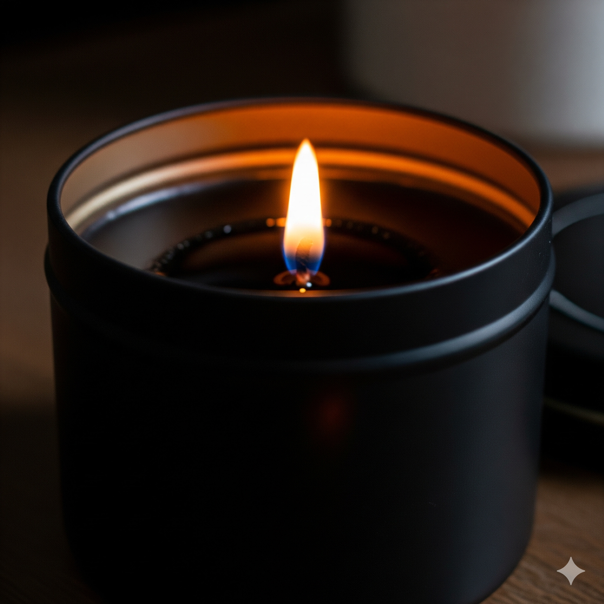 Black candle in a tin container with a lit flame on a dark background