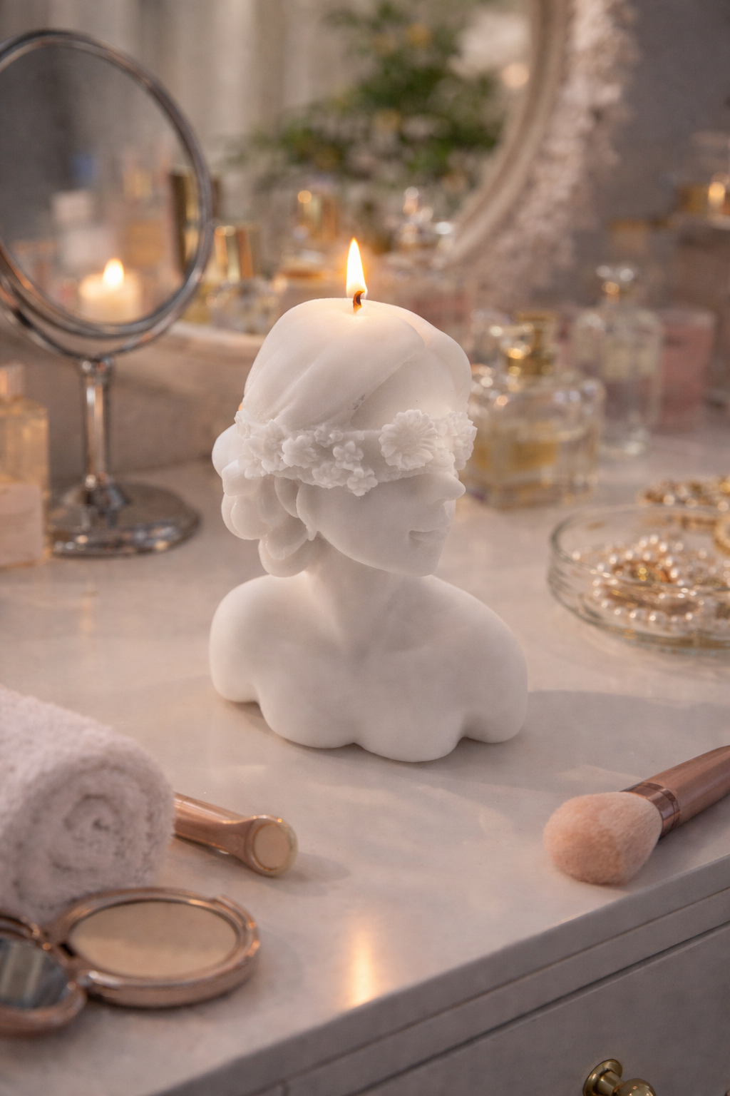 White Girl with Blindfold candle soy-wax sculpture with pearl detail on vanity