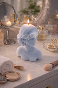 Light blue Girl with Blindfold candle soy wax sculpture with pearl blindfold detail for meditation and décor