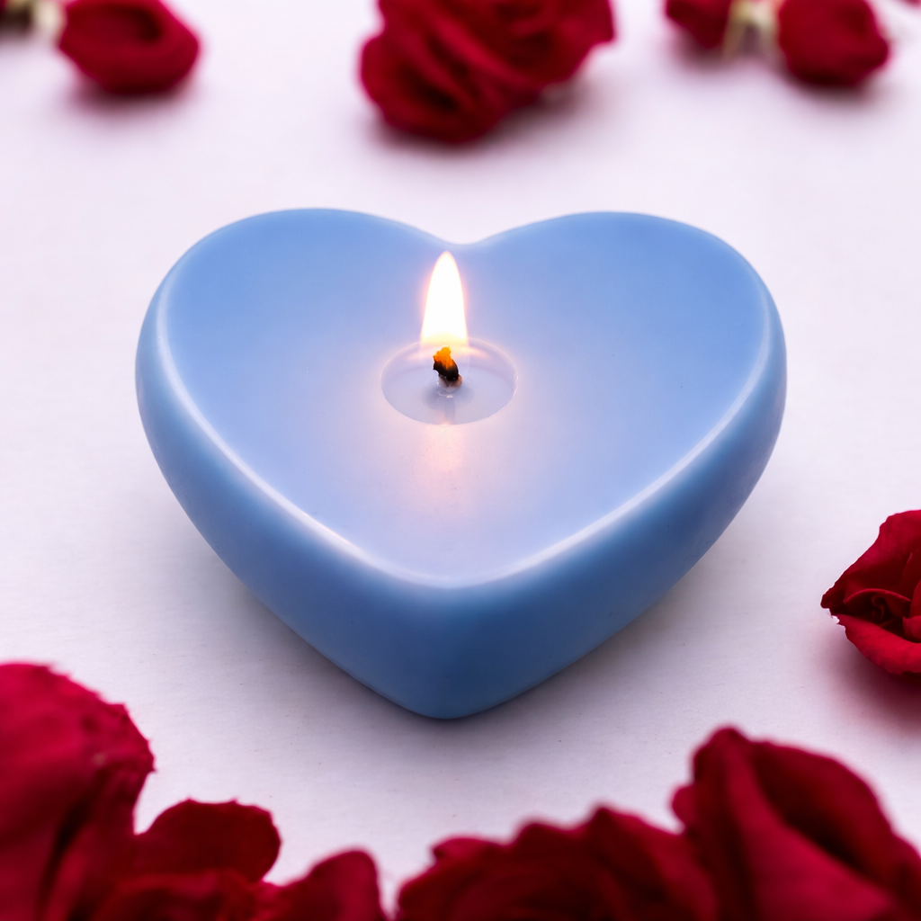 Blue 3D heart-shaped floating candle with romantic glow
