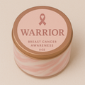 'Warrior' breast cancer awareness text and pink ribbon on a beige background