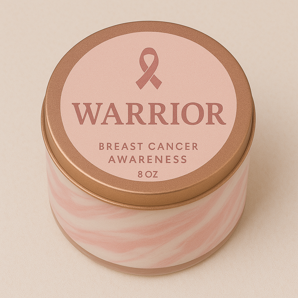 'Warrior' breast cancer awareness text and pink ribbon on a beige background