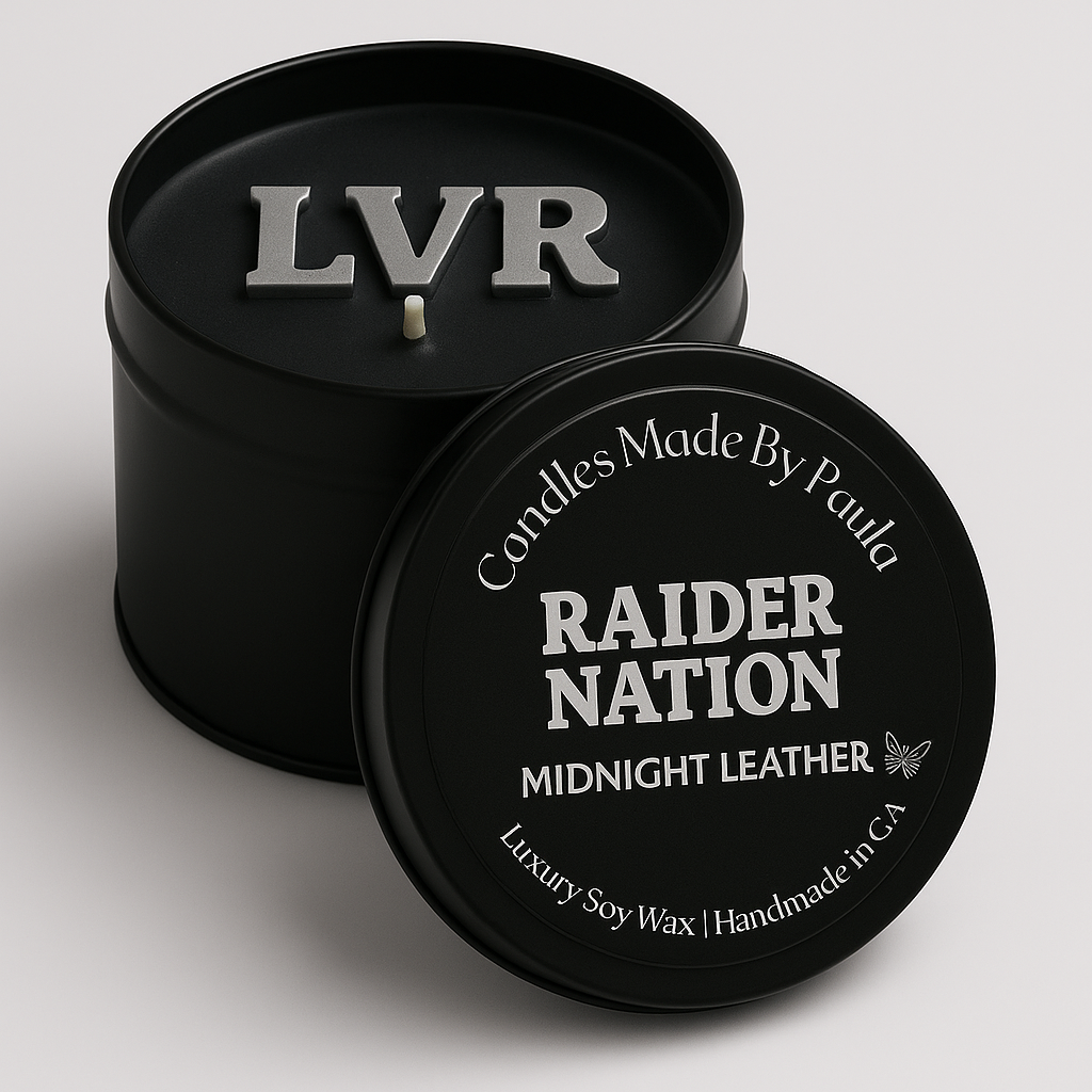 Las Vegas Raiders candle - Midnight Leather scent 8 oz tin
