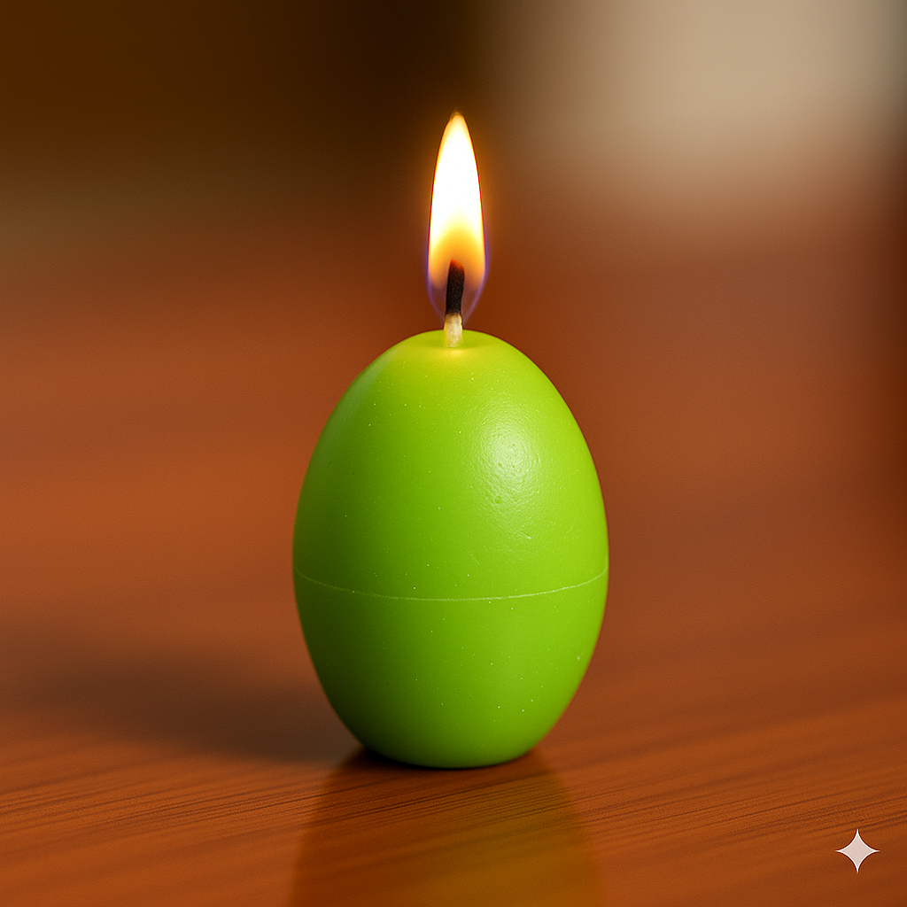 Green candle with a flame on a wooden surface