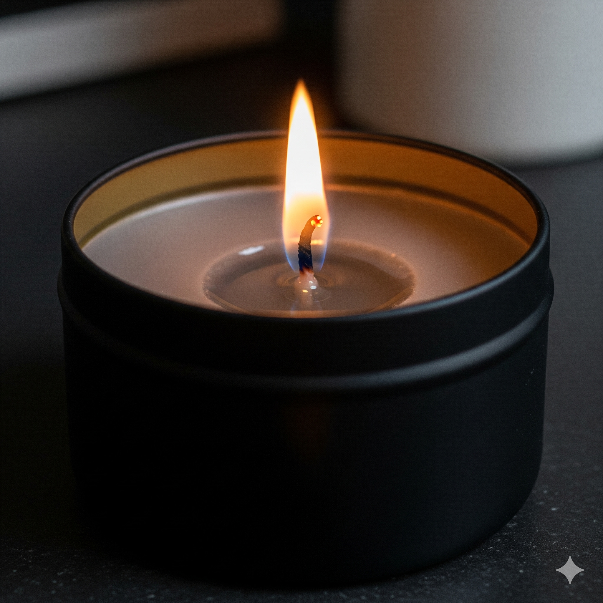 Candle in a black tin with a lit wick on a dark surface