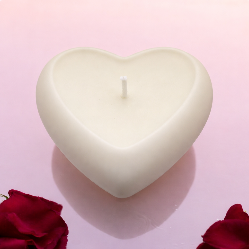 White 3D heart-shaped candle on pink surface
