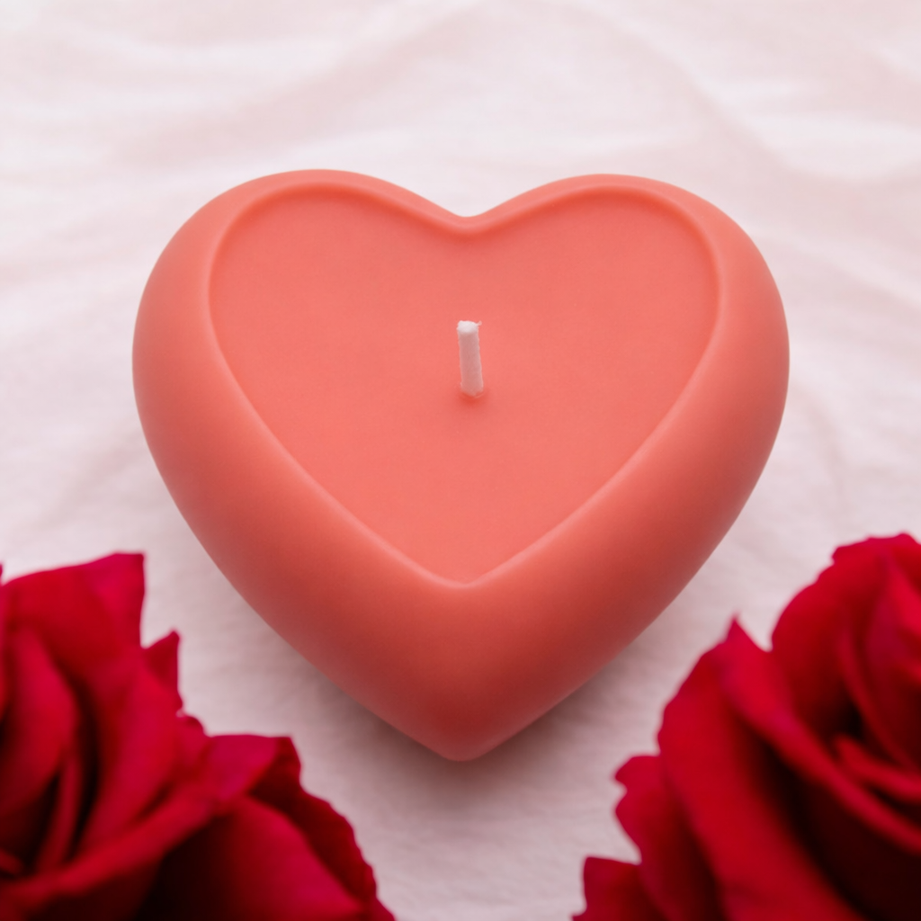 Pink 3D heart-shaped candle with red roses
