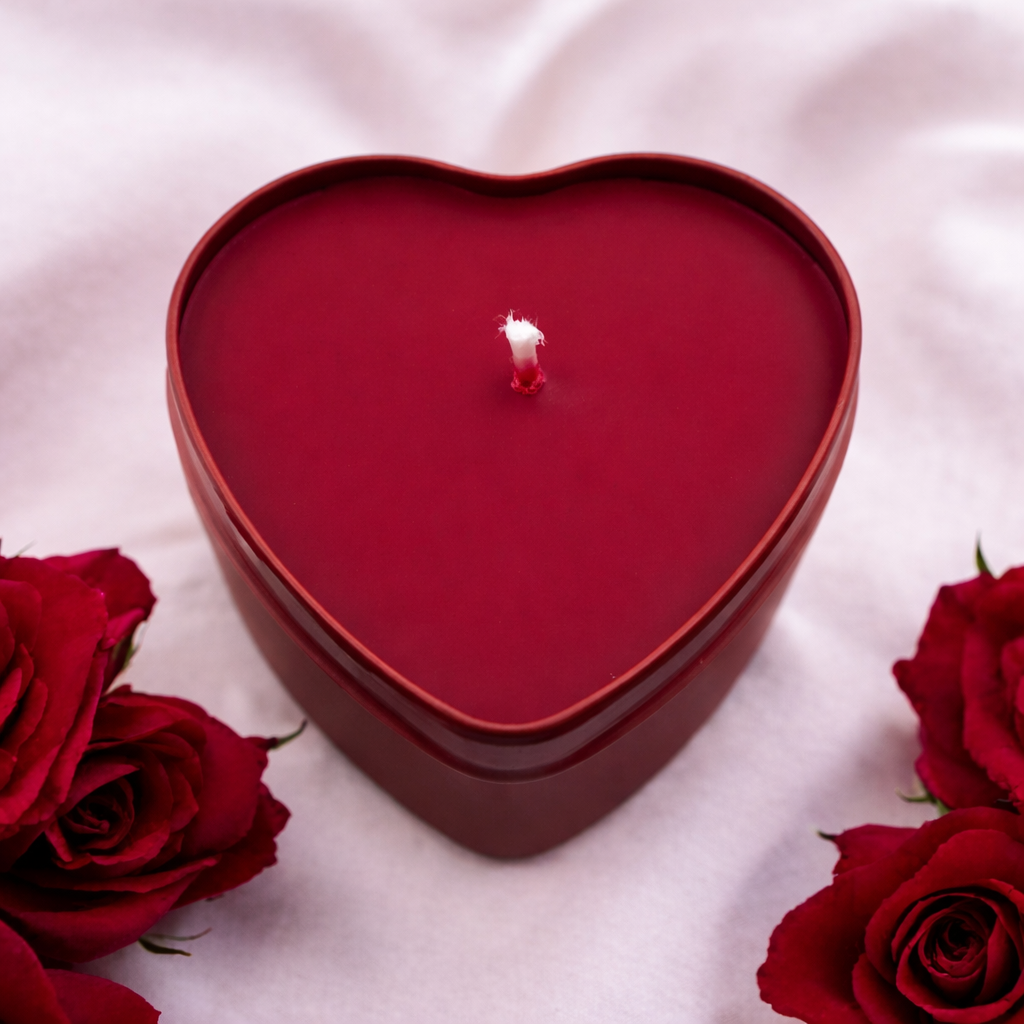 Red heart-shaped candles in tin set