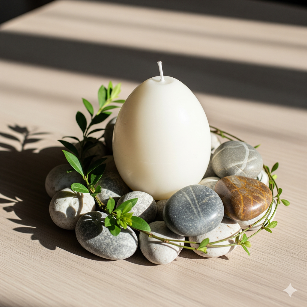 White candle surrounded by stones and greenery on a wooden surface