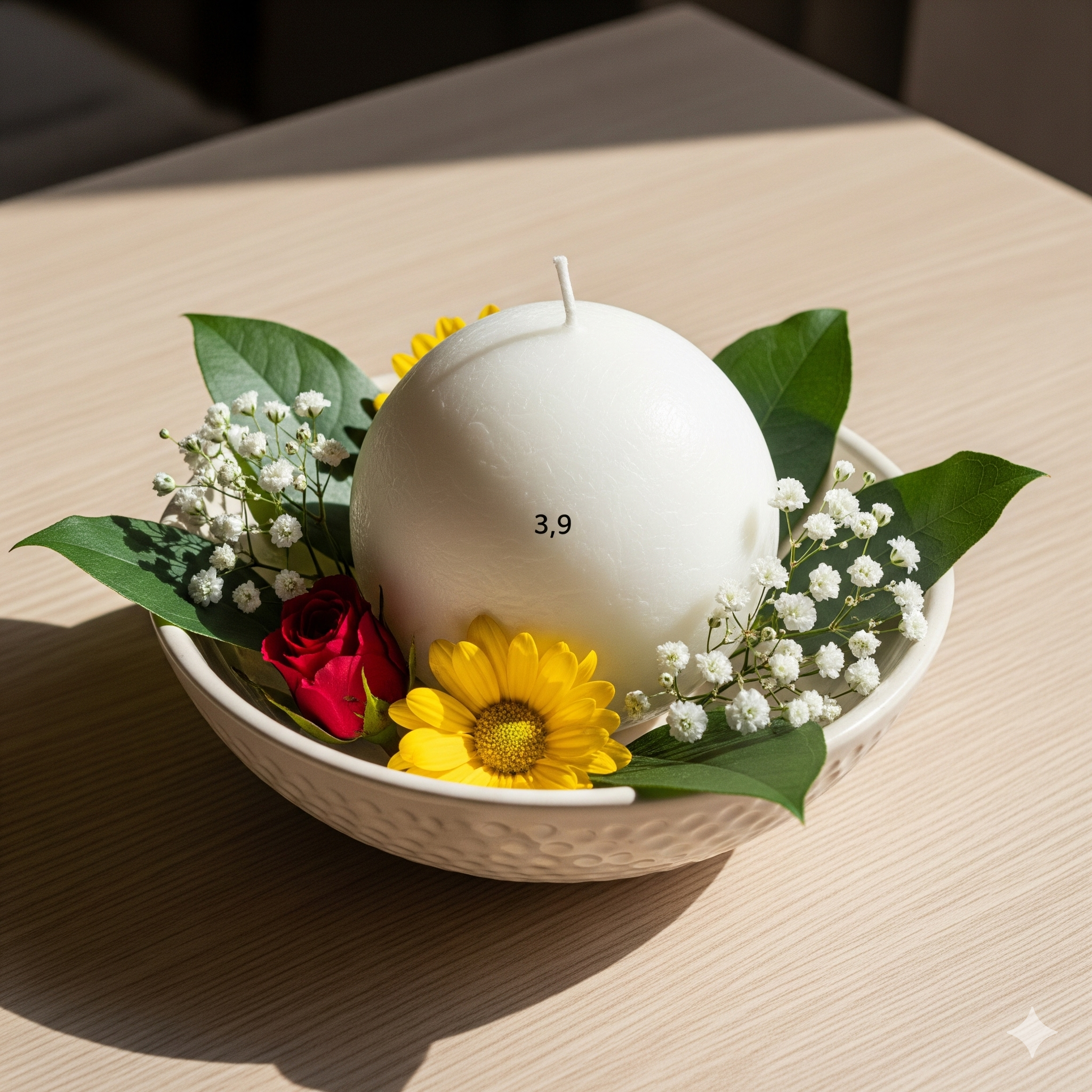 Large white ball candle - rose scented sphere candle 3.9 inches