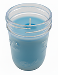 Light Blue Citronella Candle in a glass clear jar on a white background