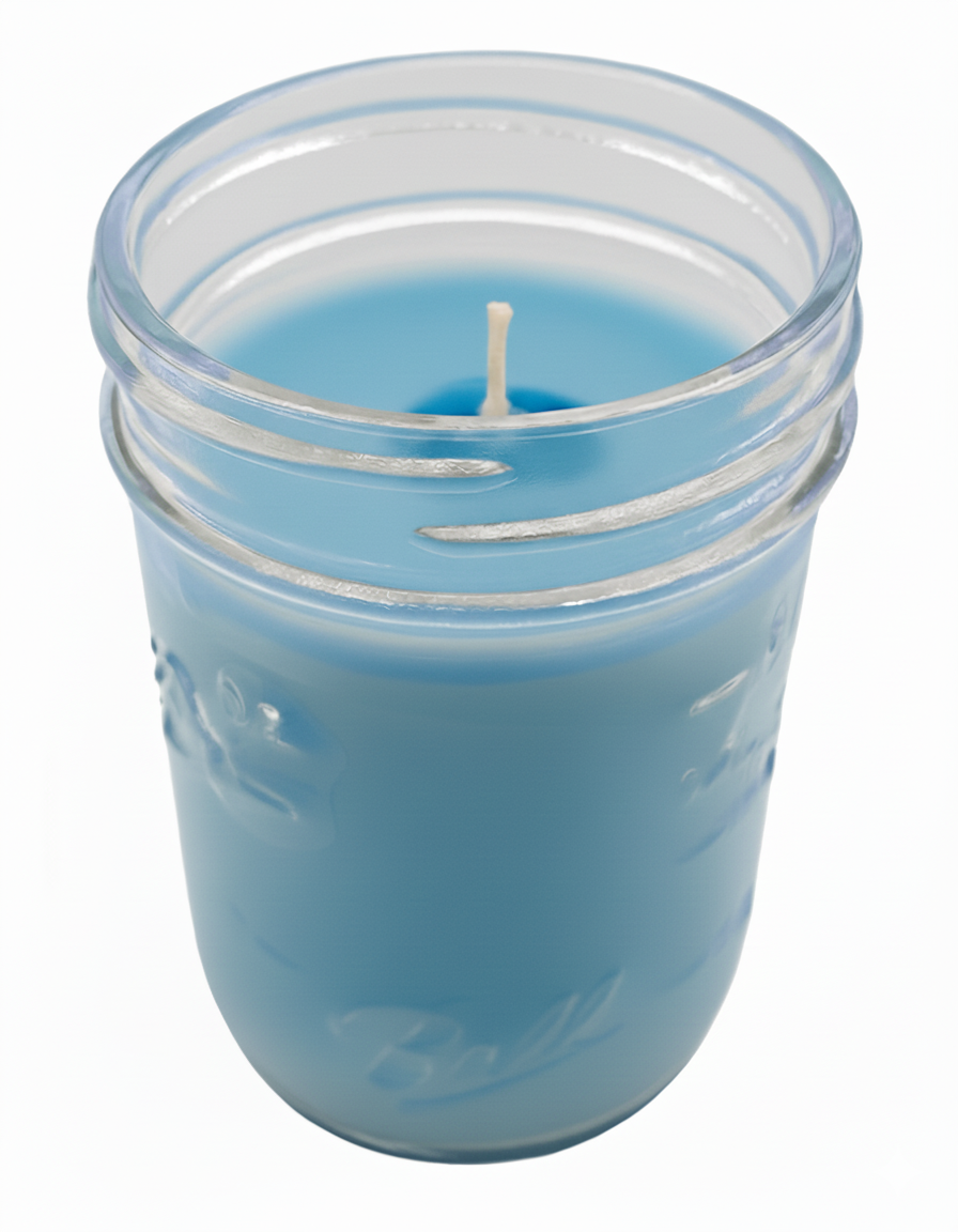 Light Blue Citronella Candle in a glass clear jar on a white background