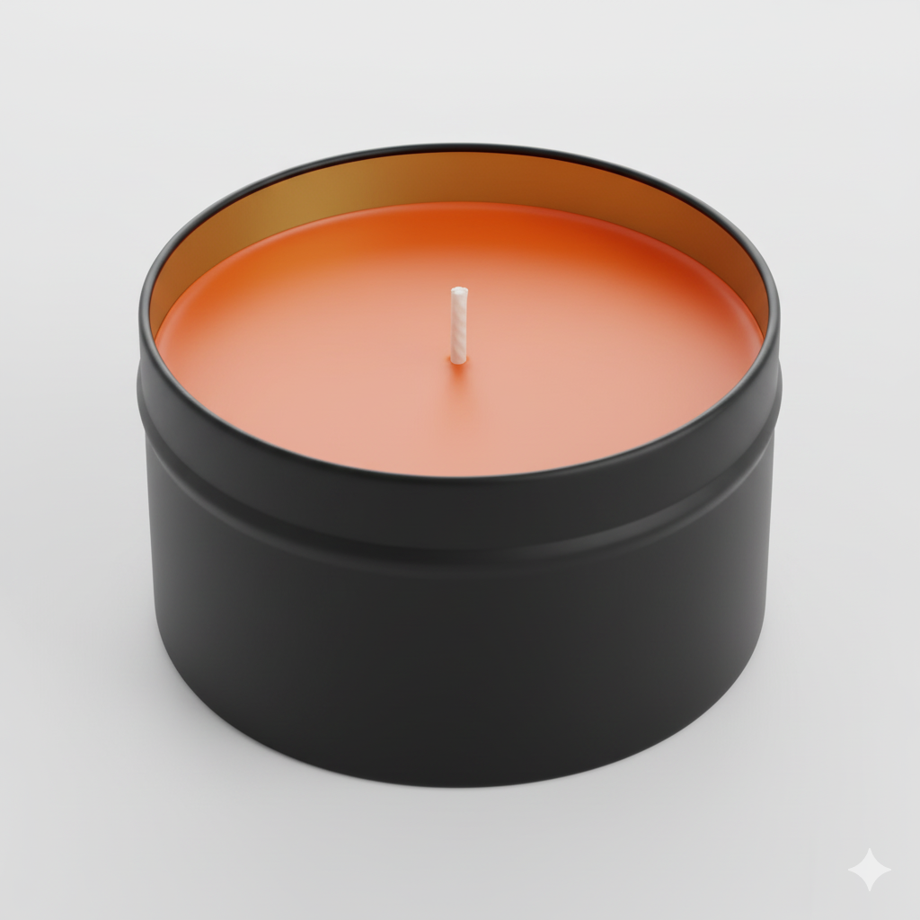 Candle in a black tin with an orange candle wick on a light gray background