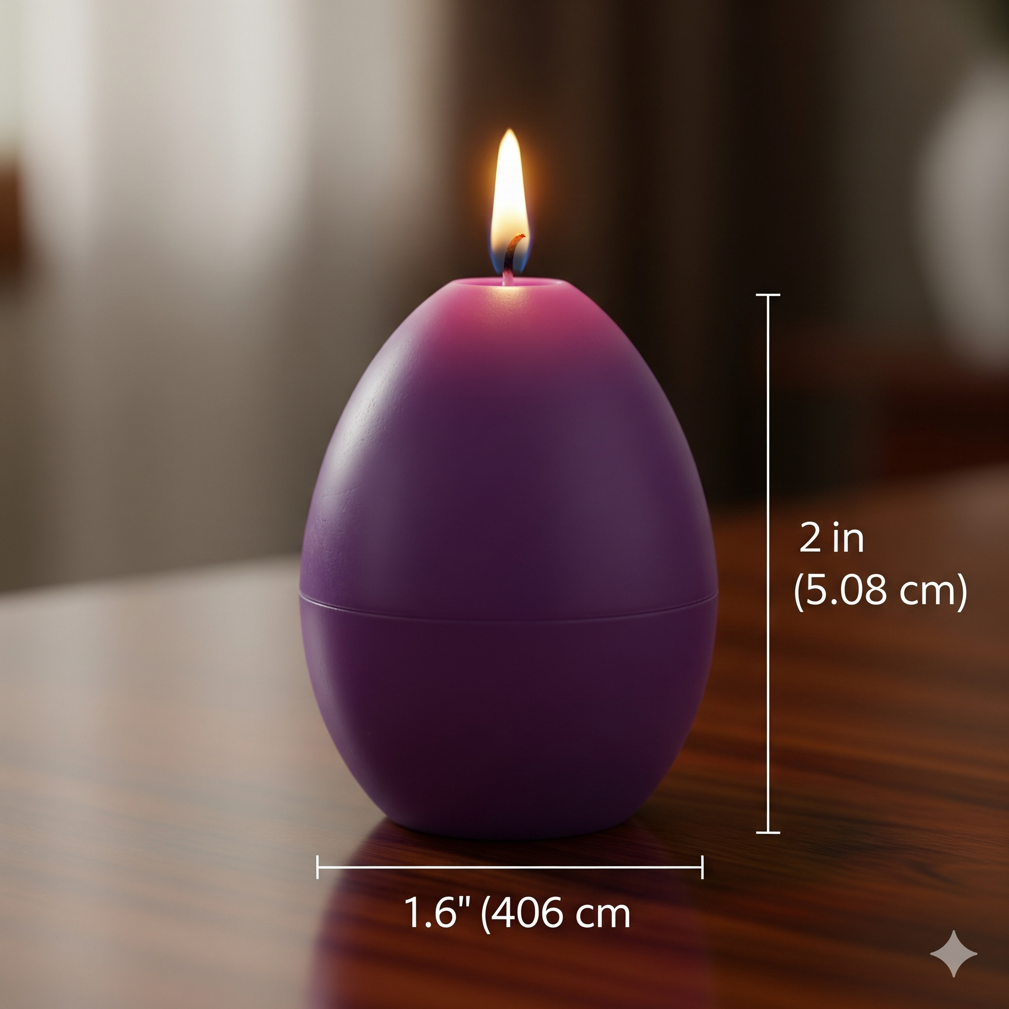 Purple candle with a lit wick on a wooden surface, with measurements indicated.