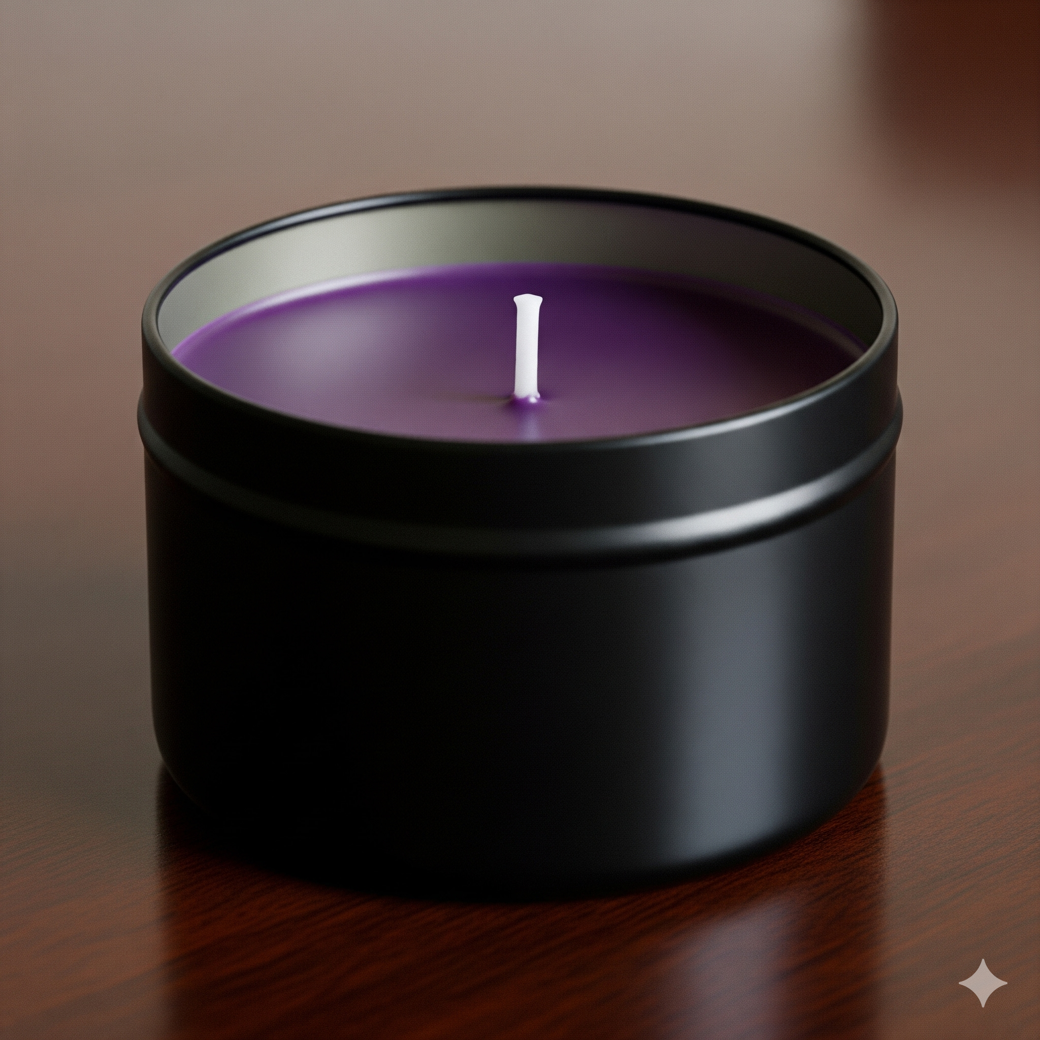 Purple candle in a black tin container on a wooden surface