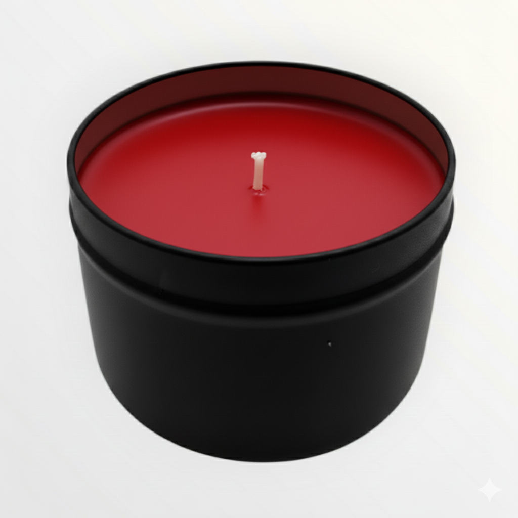Red candle in a black container on a white background