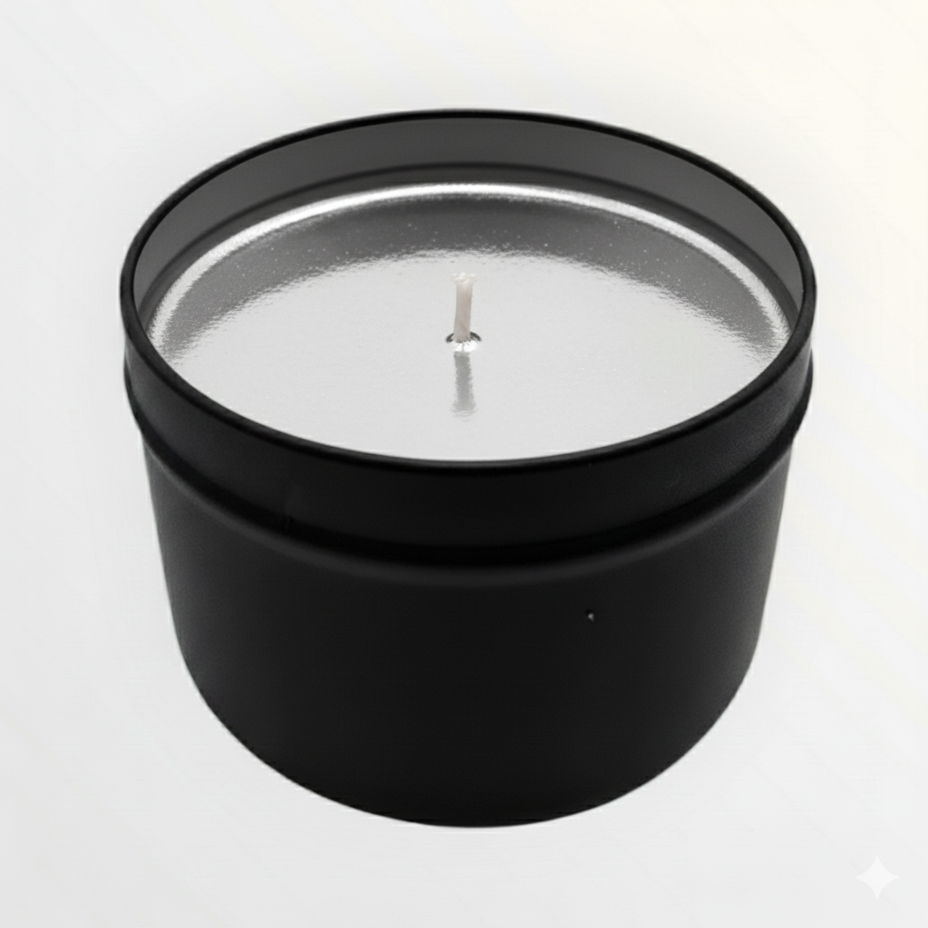 Black candle holder with a white candle on a white background