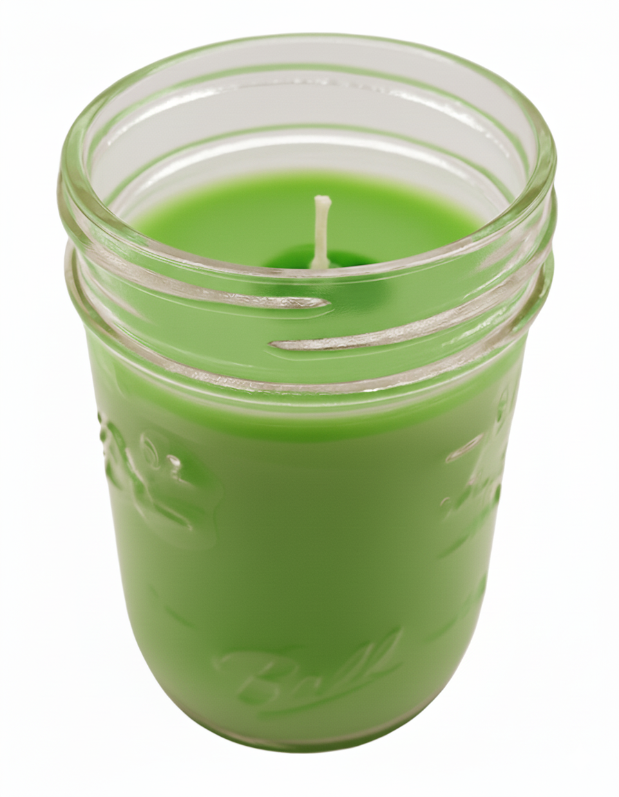Spearmint green Citronella Candle in a glass clear jar on a white background