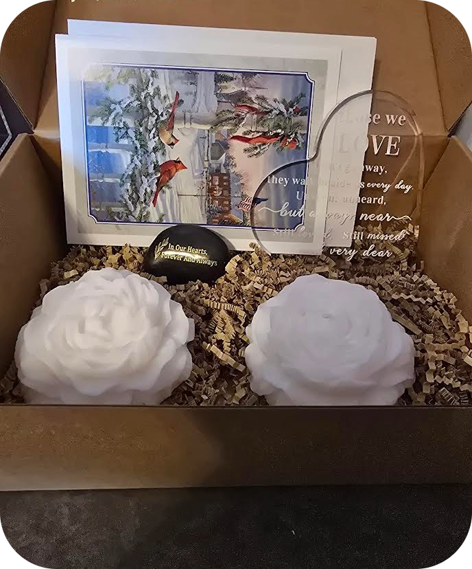 Sympathy Gift Box with peony candles, heart plaque, memorial stone, and customizable sympathy card in decorative box