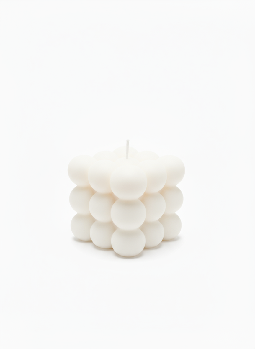 Handmade white bubble candle with cube shape and smooth rounded spheres