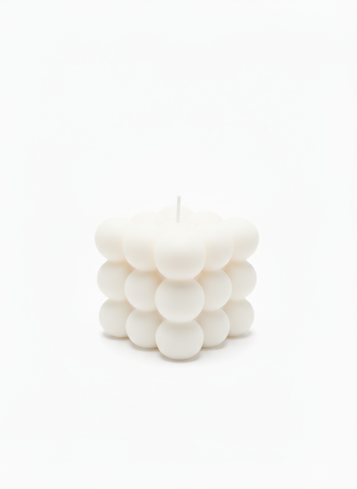 Handmade white bubble candle with cube shape and smooth rounded spheres