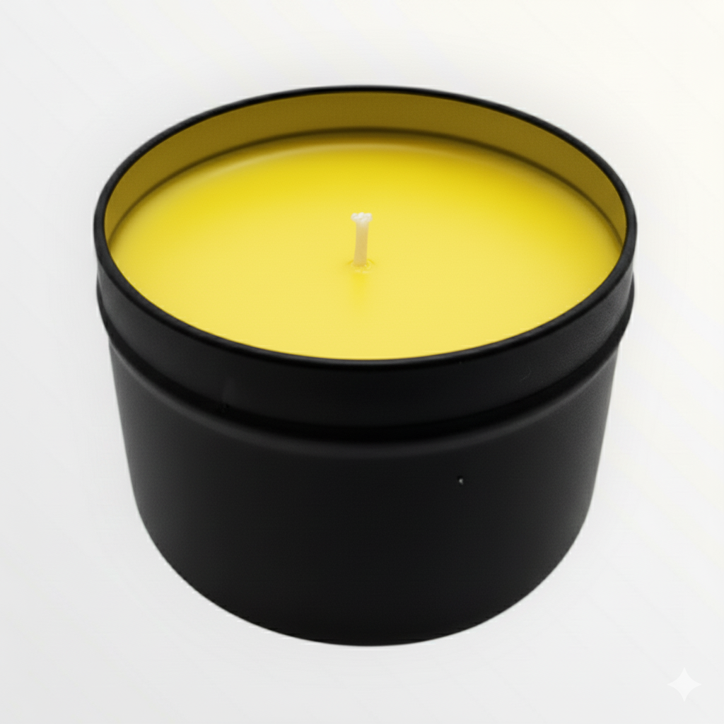 Yellow candle in a black container on a white background