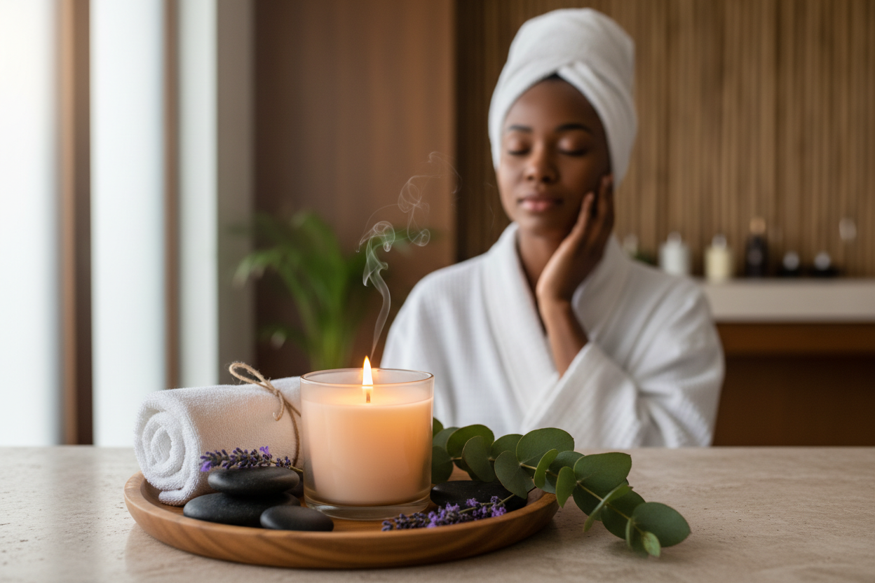 Spa aromatherapy hero banner with African American woman